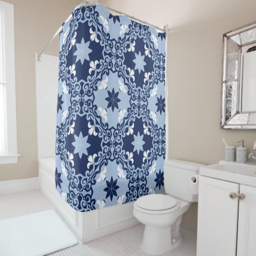 Blue geometric decorative ornamental Moroccan tile Shower Curtain