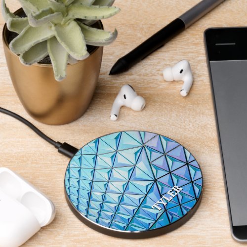 Blue Geometric Design White Name Wireless Charger