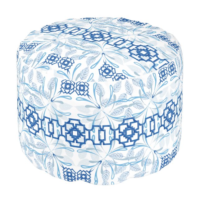 Blue Geometric Floral Chinoiserie Pouf (Angled Front)