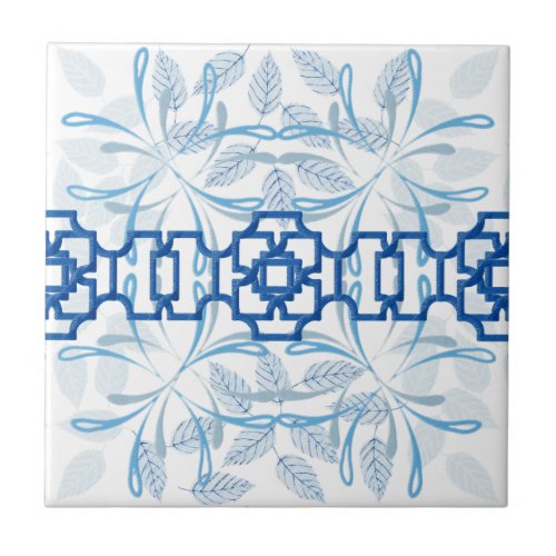Blue Geometric Floral Chinoiserie Zen Pattern Ceramic Tile