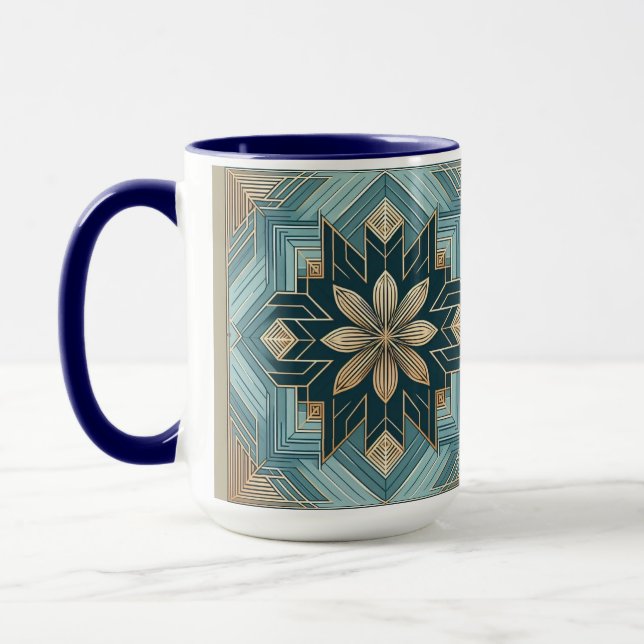 Blue Geometric Floral Mandala Mug – Teal & White (Left)