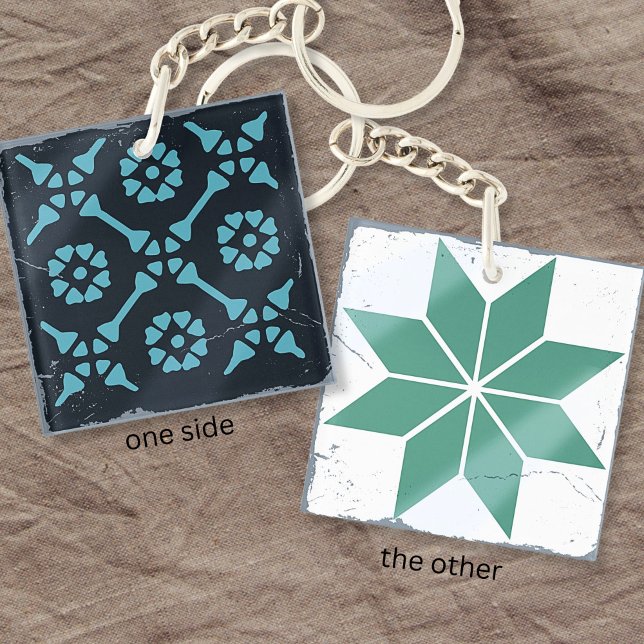 Blue Geometric Flower Tile Board Game Distressed Keychain (Creator Uploaded)