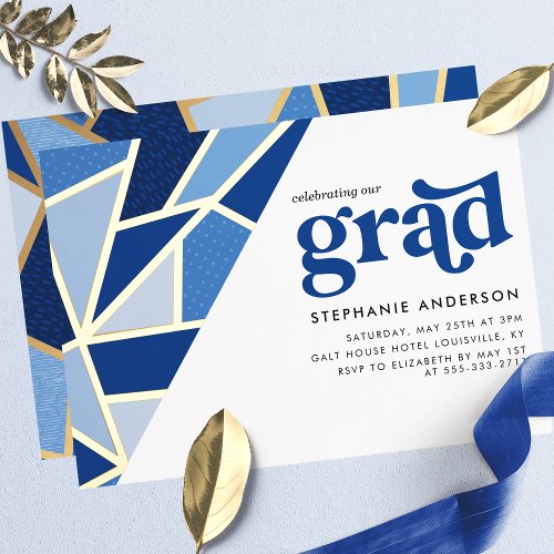 Blue Geometric Gold Modern Graduation Party Foil Invitation