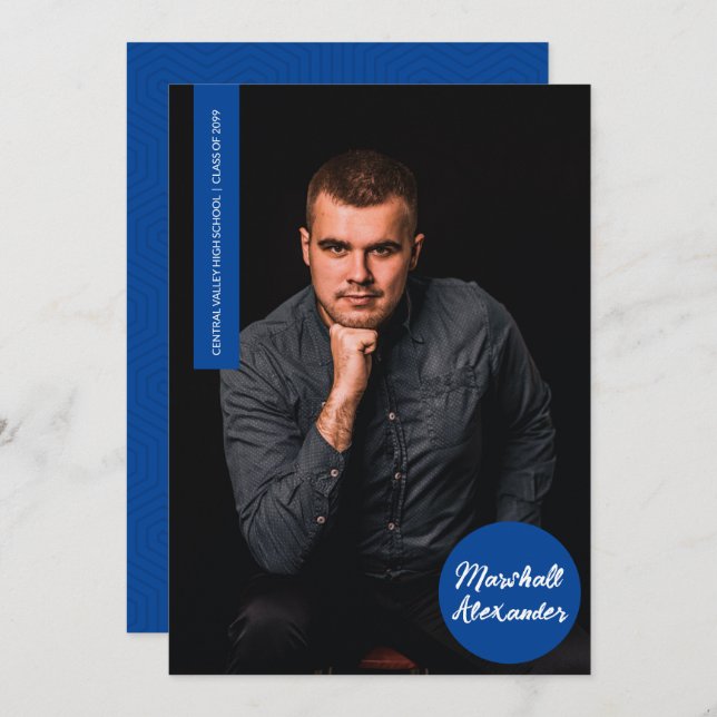 Blue Geometric Graduation Photo Invitation (Front/Back)