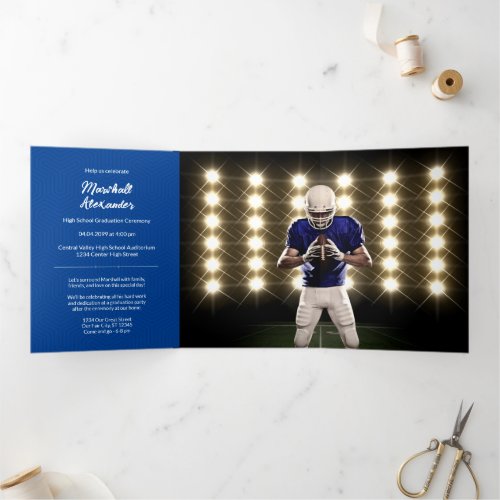 Blue Geometric Graduation Photo Tri_Fold Invitation