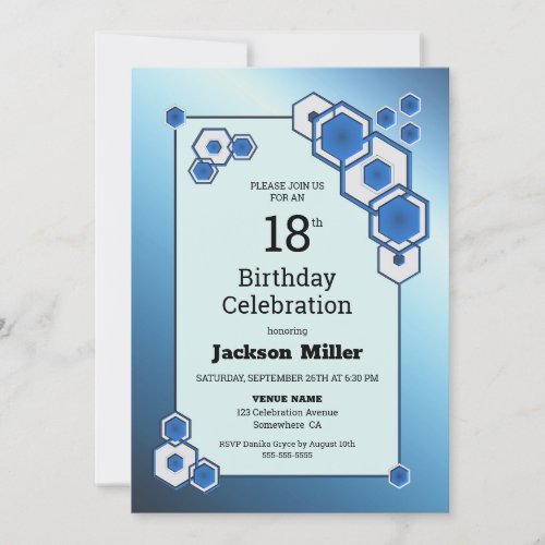 Blue Geometric Hexagonal 18th Birthday Party Invitation