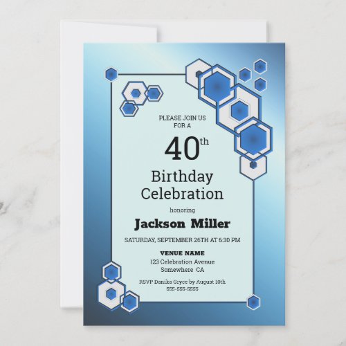 Blue Geometric Hexagonal 40th Birthday Party Invitation