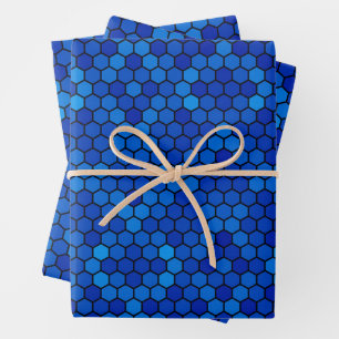 Blue geometric hexagonal mosaic design wrapping paper sheets