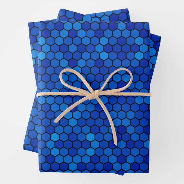 Blue geometric hexagonal mosaic design wrapping paper sheets (In situ)