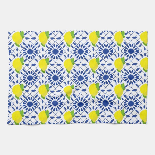 Blue Geometric Lemon Tile Kitchen Towel (Horizontal)