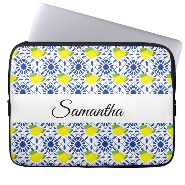 Blue Geometric Lemon Tile Laptop Sleeve (Front)