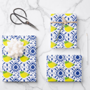 Blue Geometric Lemon Tile Wrapping Paper Sheets