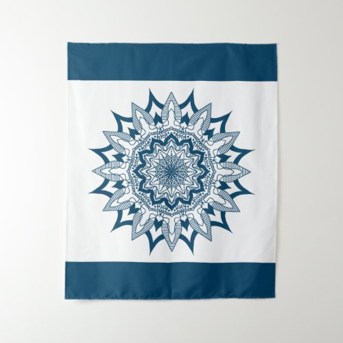 Blue Geometric Mandala White Background Tapestry