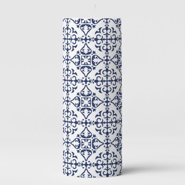 Blue geometric Moroccan tile decorative ornamental Pillar Candle (Front)