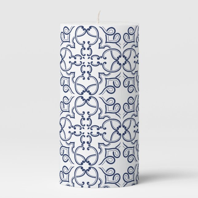 Blue geometric Moroccan tile intricate ornamental Pillar Candle (Front)