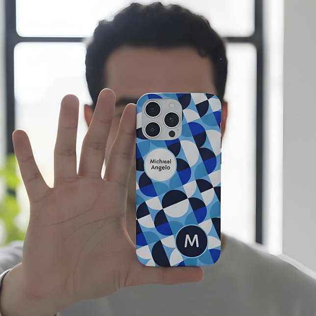 Blue Geometric Mosaic Bauhaus Monogram Custom Name iPhone Case (Creator Uploaded)
