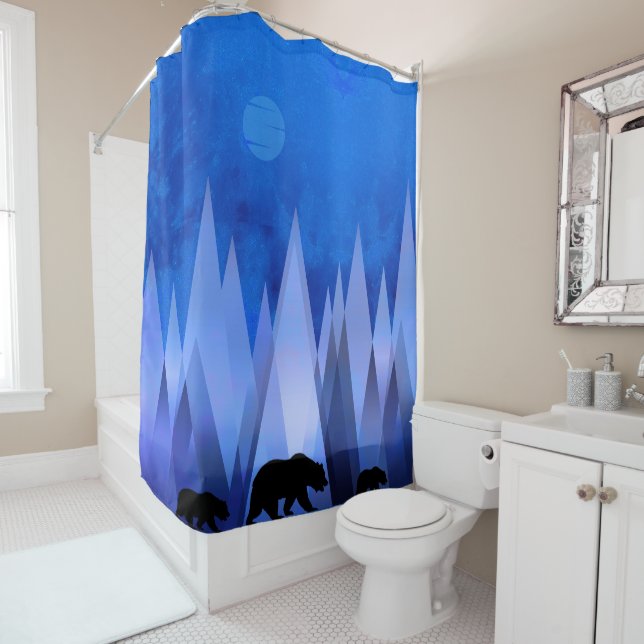 BLUE GEOMETRIC MOUNTAINS BEAR SHOWER CURTAIN (In Situ)