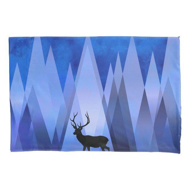 BLUE GEOMETRIC MOUNTAINS DEER PILLOW CASE (Front)
