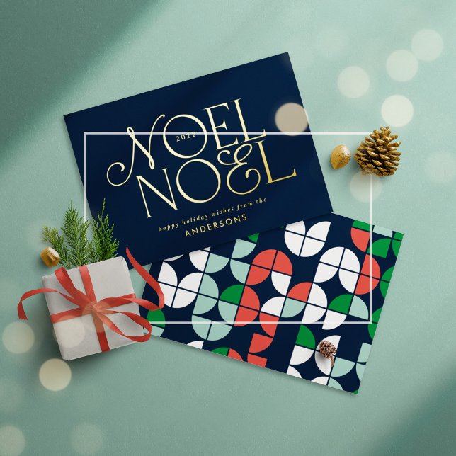 blue geometric Noel script elegant modern Foil Holiday Card (Creator Uploaded)