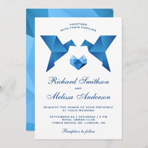 Blue Geometric Origami Birds Wedding Invitation