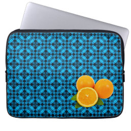 Blue geometric pattern and oranges.  laptop sleeve