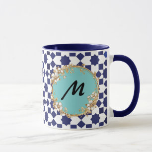 Blue Geometric Pattern Mug with Gold Floral Circle