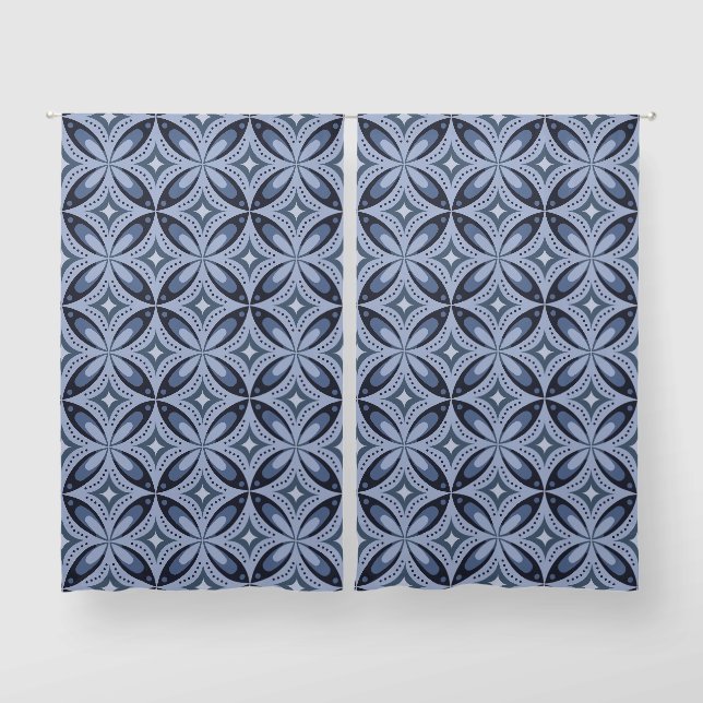 Blue Geometric Pattern Retro Style Blackout Curtains (Pair)