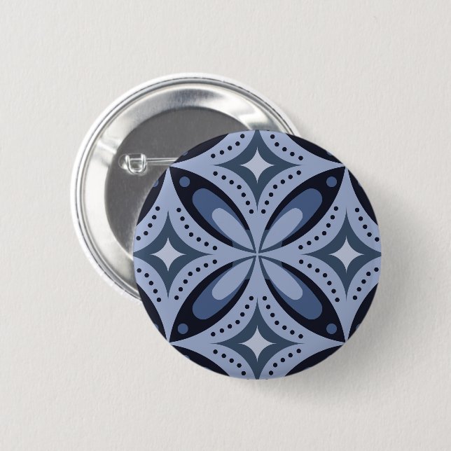 Blue Geometric Pattern Retro Style Button (Front & Back)