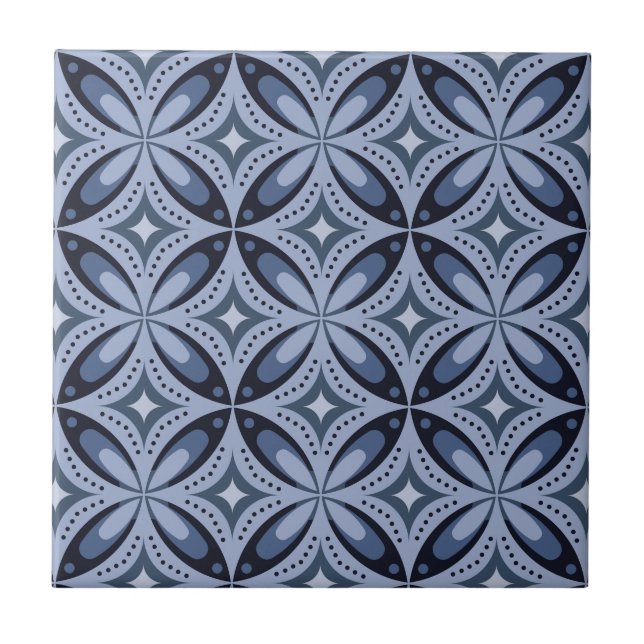 Blue Geometric Pattern Retro Style Ceramic Tile (Front)