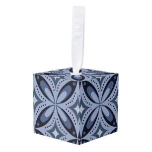 Blue Geometric Pattern Retro Style Cube Ornament