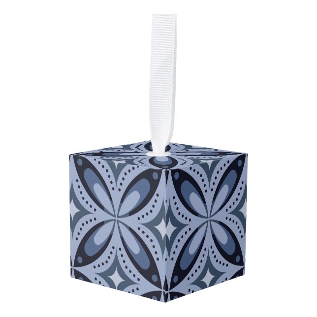 Blue Geometric Pattern Retro Style Cube Ornament (Front Angled)