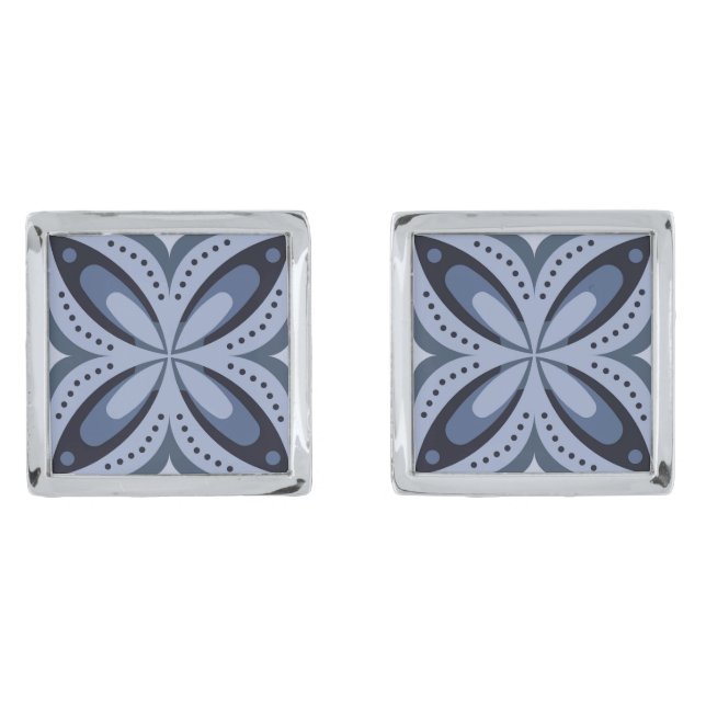 Blue Geometric Pattern Retro Style Cufflinks (Front)