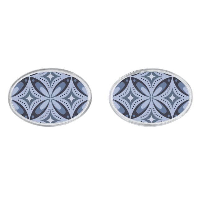 Blue Geometric Pattern Retro Style Cufflinks (Front)