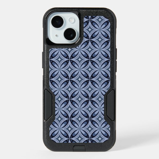 Blue Geometric Pattern Retro Style iPhone 15 Case (Back)