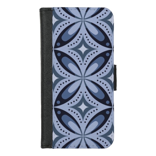 Blue Geometric Pattern Retro Style iPhone Wallet Case (Front)