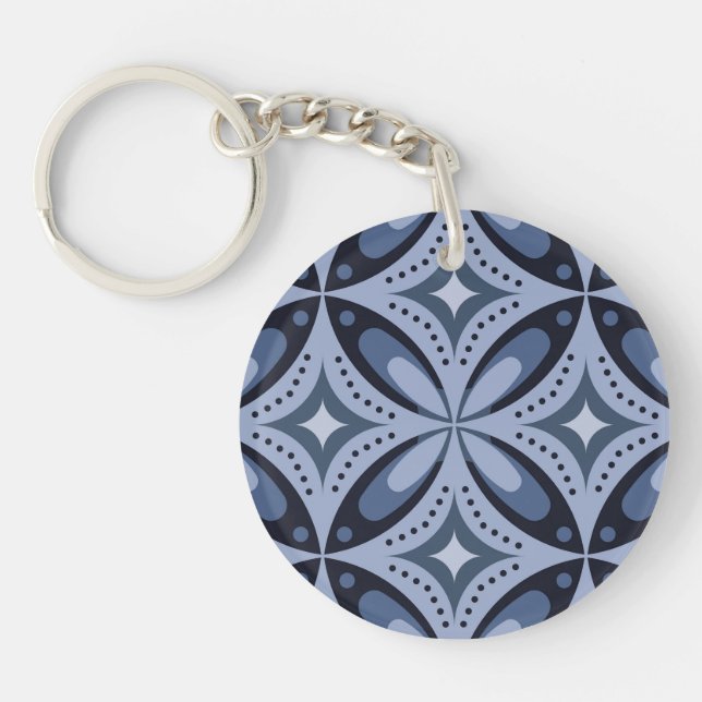 Blue Geometric Pattern Retro Style Keychain (Front)