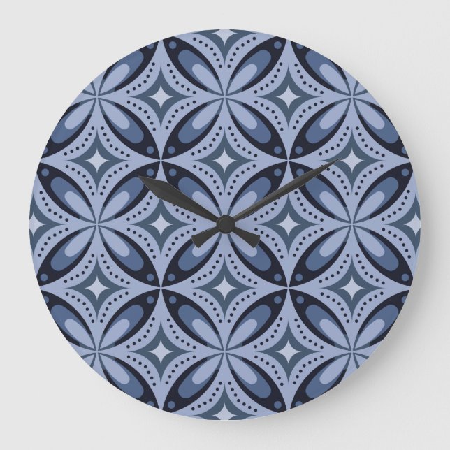 Blue Geometric Pattern Retro Style Large Clock (Front)