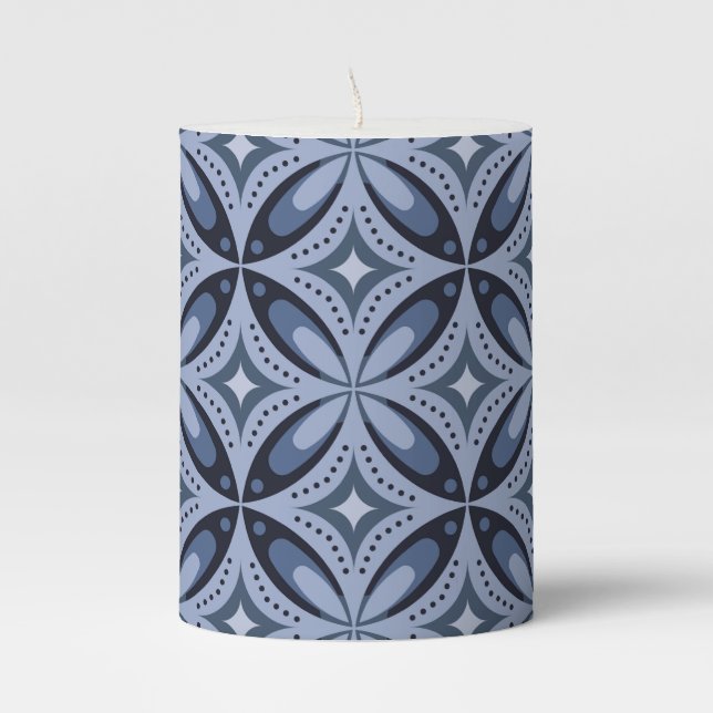 Blue Geometric Pattern Retro Style Pillar Candle (Front)
