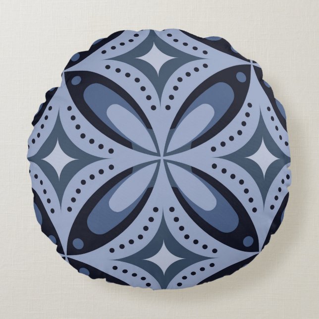 Blue Geometric Pattern Retro Style Round Pillow (Front)