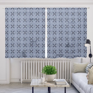 Blue Geometric Pattern Retro Style Sheer Curtains