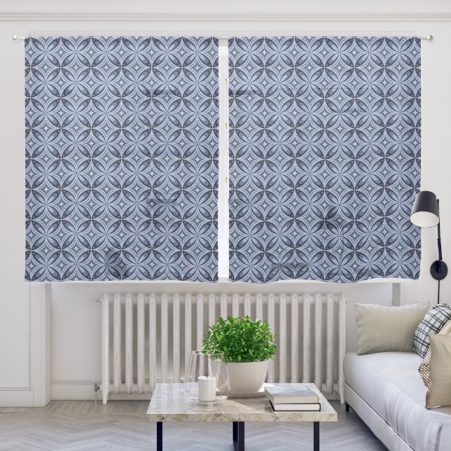 Blue Geometric Pattern Retro Style Sheer Curtains (Living Room)