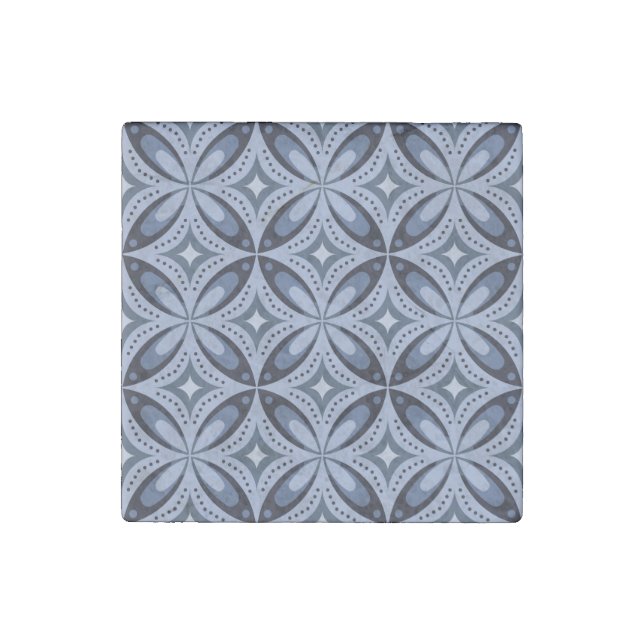 Blue Geometric Pattern Retro Style Stone Magnet (Front)