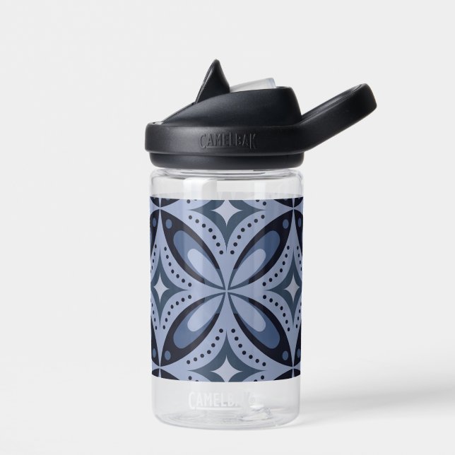 Blue Geometric Pattern Retro Style Water Bottle (Left)