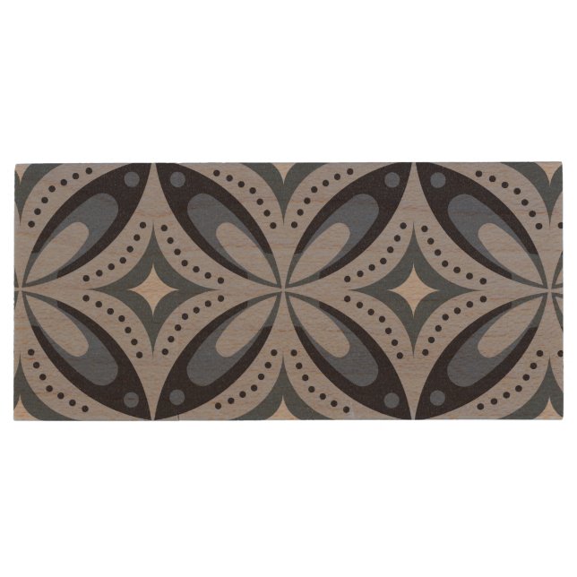 Blue Geometric Pattern Retro Style Wood Flash Drive (Back)