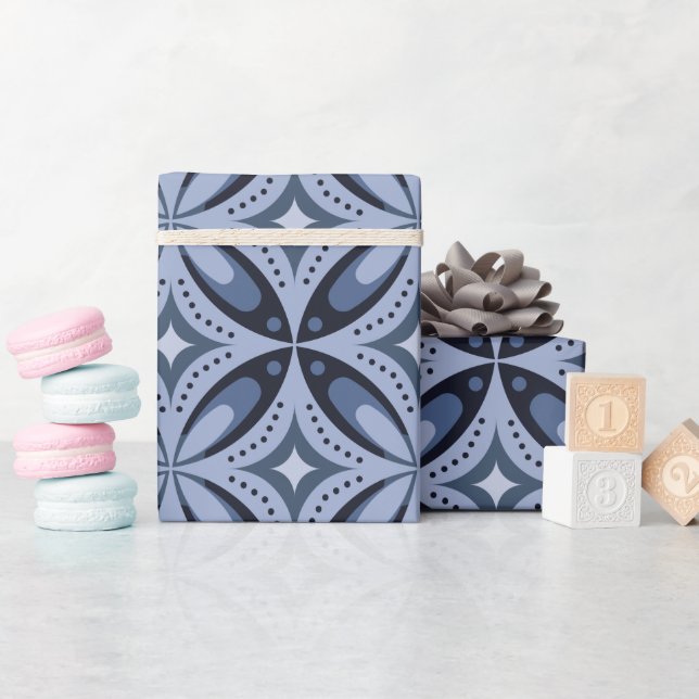 Blue Geometric Pattern Retro Style Wrapping Paper (Baby Shower)