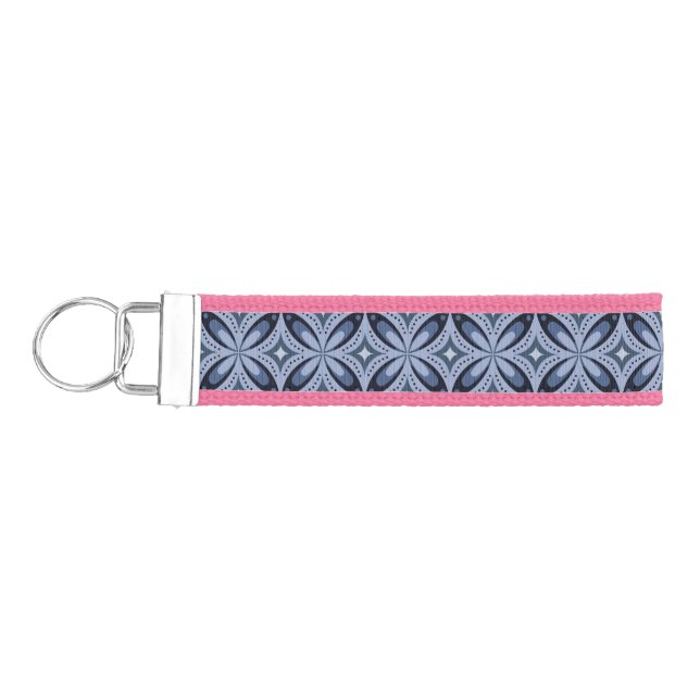 Blue Geometric Pattern Retro Style Wrist Keychain (Keys on Left)