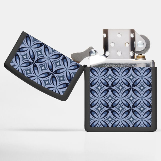Blue Geometric Pattern Retro Style Zippo Lighter (Opened)