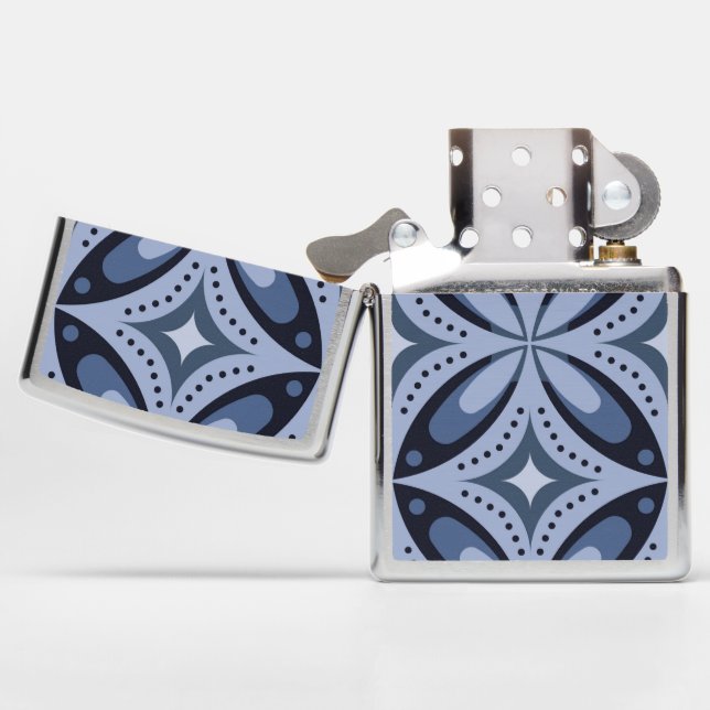 Blue Geometric Pattern Retro Style Zippo Lighter (Opened)