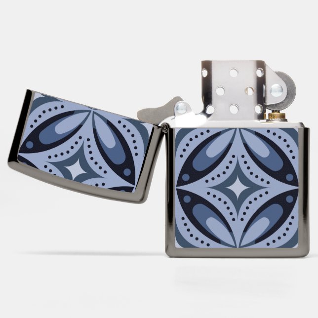 Blue Geometric Pattern Retro Style Zippo Lighter (Open)