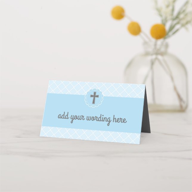 Blue Geometric Pattern With Gray Cross Baptism Place Card (Front)